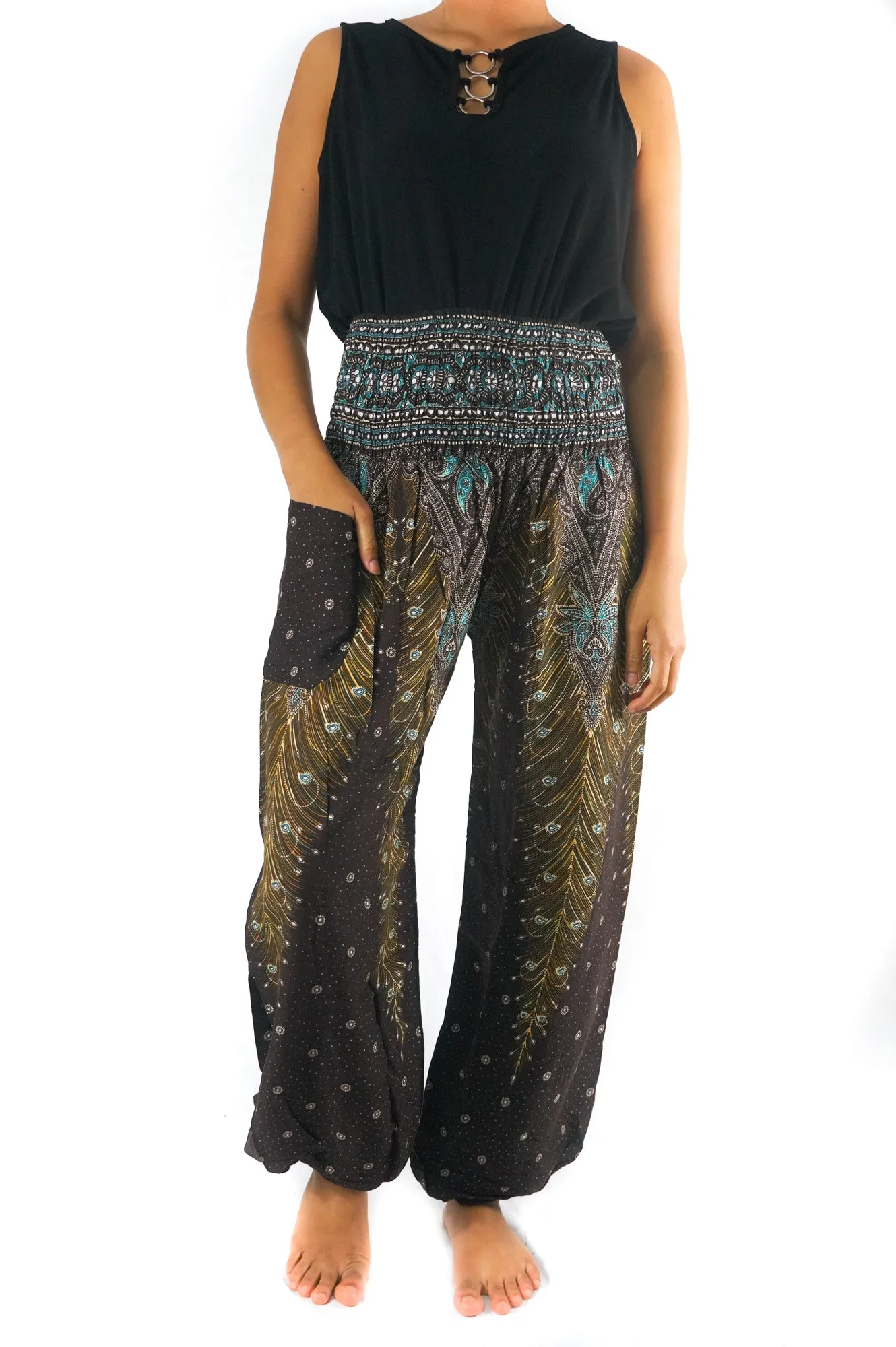 Unisex Bohemian Peacock Feather Harem Pants- Brown