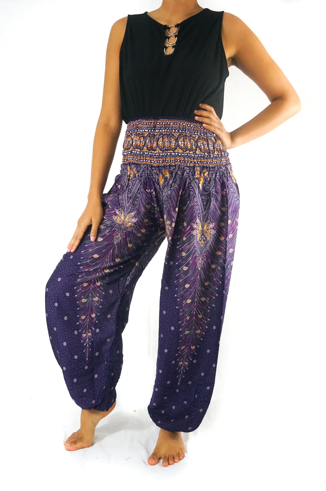 Unisex Bohemian Peacock Feather Plume Harem Pants- Purple Multi