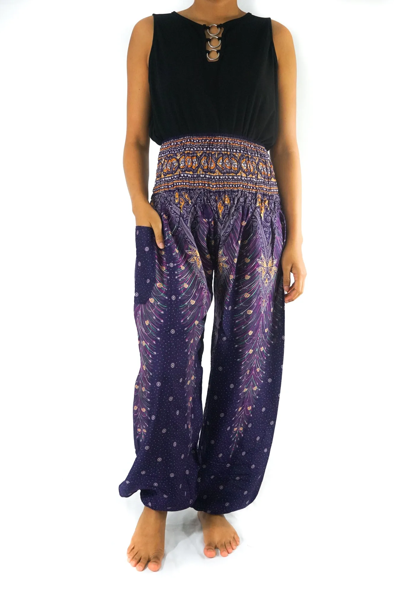 Unisex Bohemian Peacock Feather Plume Harem Pants- Purple Multi