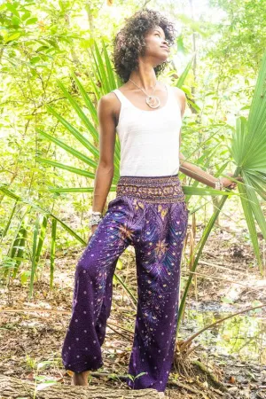Unisex Bohemian Peacock Feather Plume Harem Pants- Purple Multi