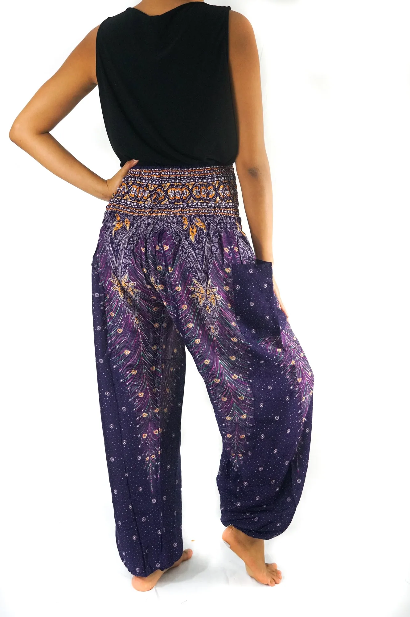 Unisex Bohemian Peacock Feather Plume Harem Pants- Purple Multi