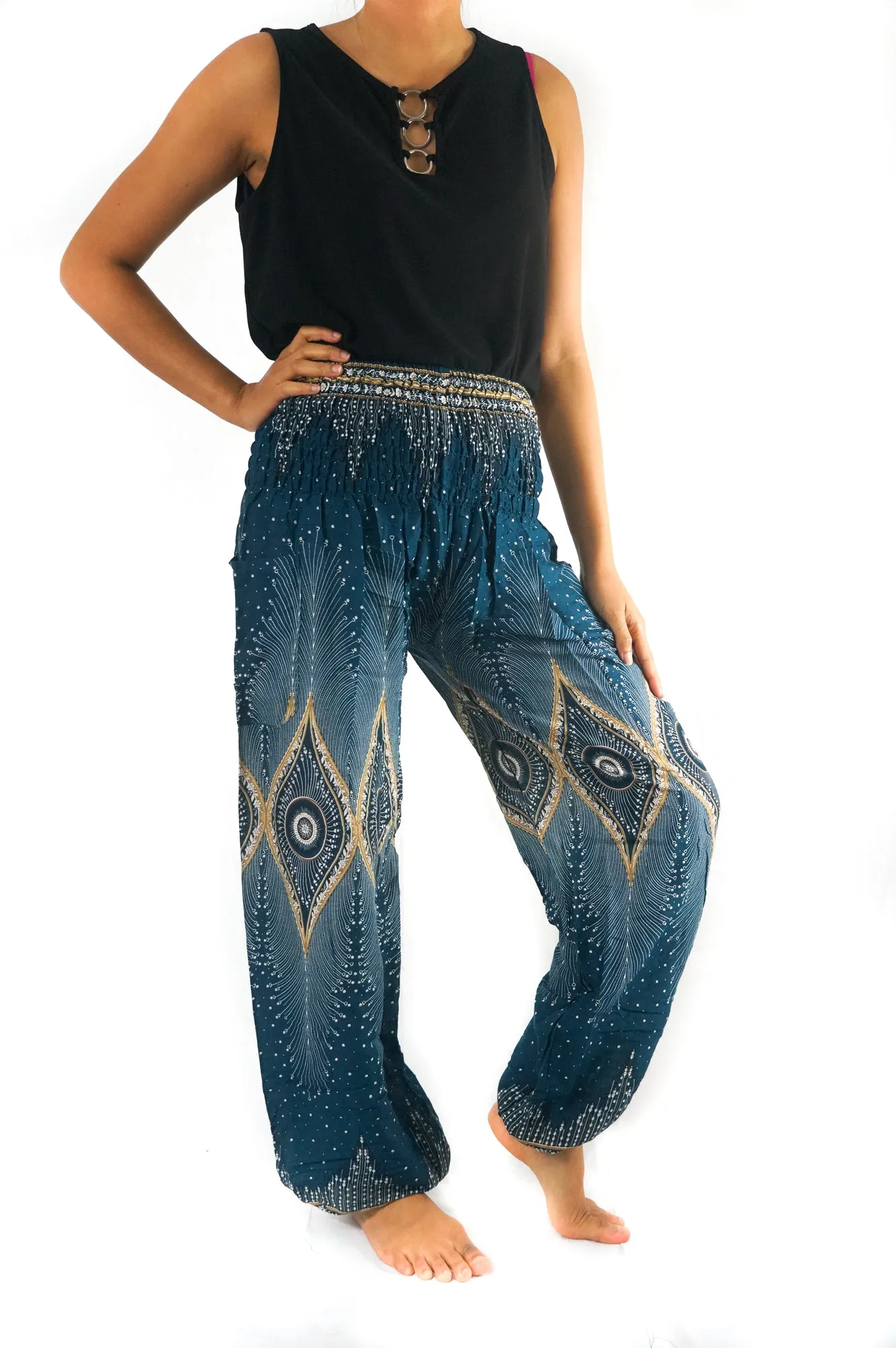 Unisex Bohemian Peacock Feather Plume Harem Pants- Teal/Cream