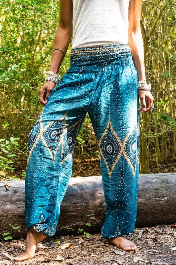 Unisex Bohemian Peacock Feather Plume Harem Pants- Teal/Cream
