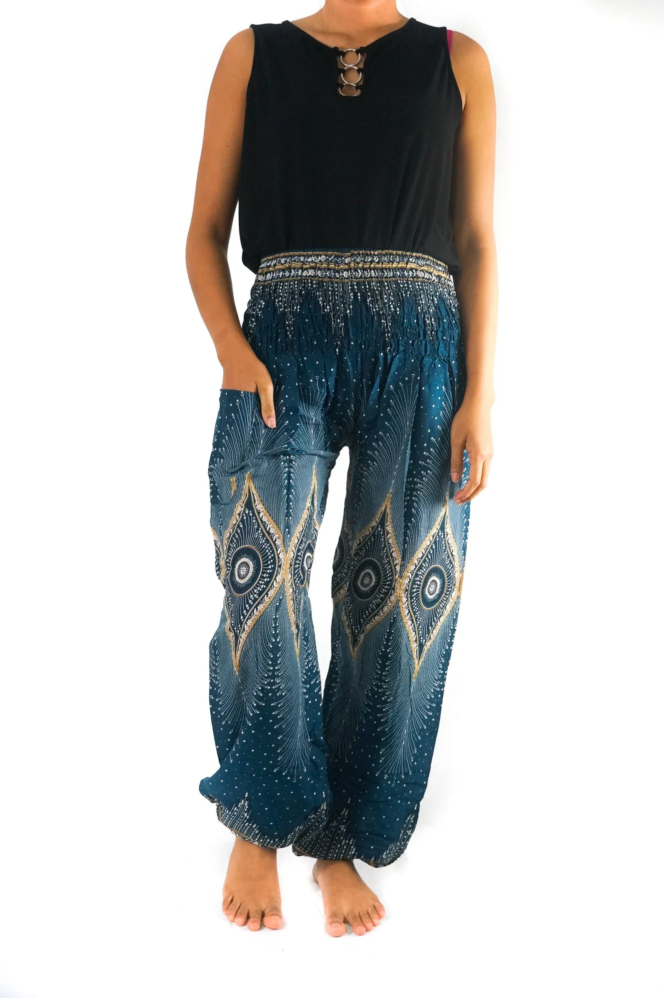 Unisex Bohemian Peacock Feather Plume Harem Pants- Teal/Cream