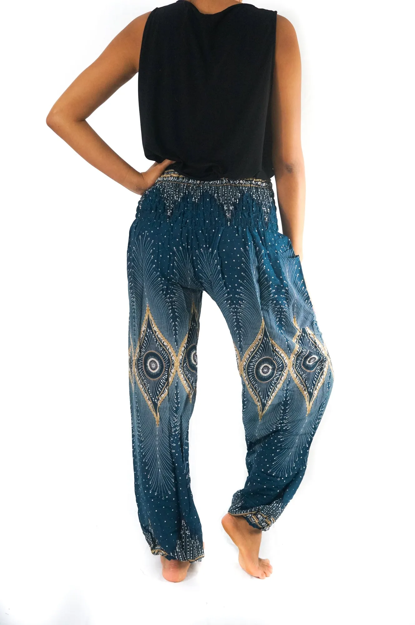 Unisex Bohemian Peacock Feather Plume Harem Pants- Teal/Cream