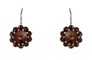 Victorian Bohemian Garnet Floral Earrings in Antiqued Sterling Silver with 14 Karat Gold Earwires