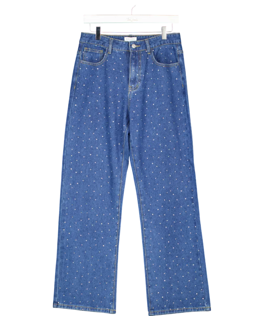 Warehouse Blue Denim Diamante Embellished Straight Leg Jeans UK 10