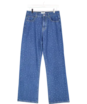 Warehouse Blue Denim Diamante Embellished Straight Leg Jeans UK 10