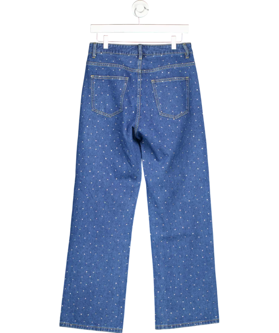 Warehouse Blue Denim Diamante Embellished Straight Leg Jeans UK 10