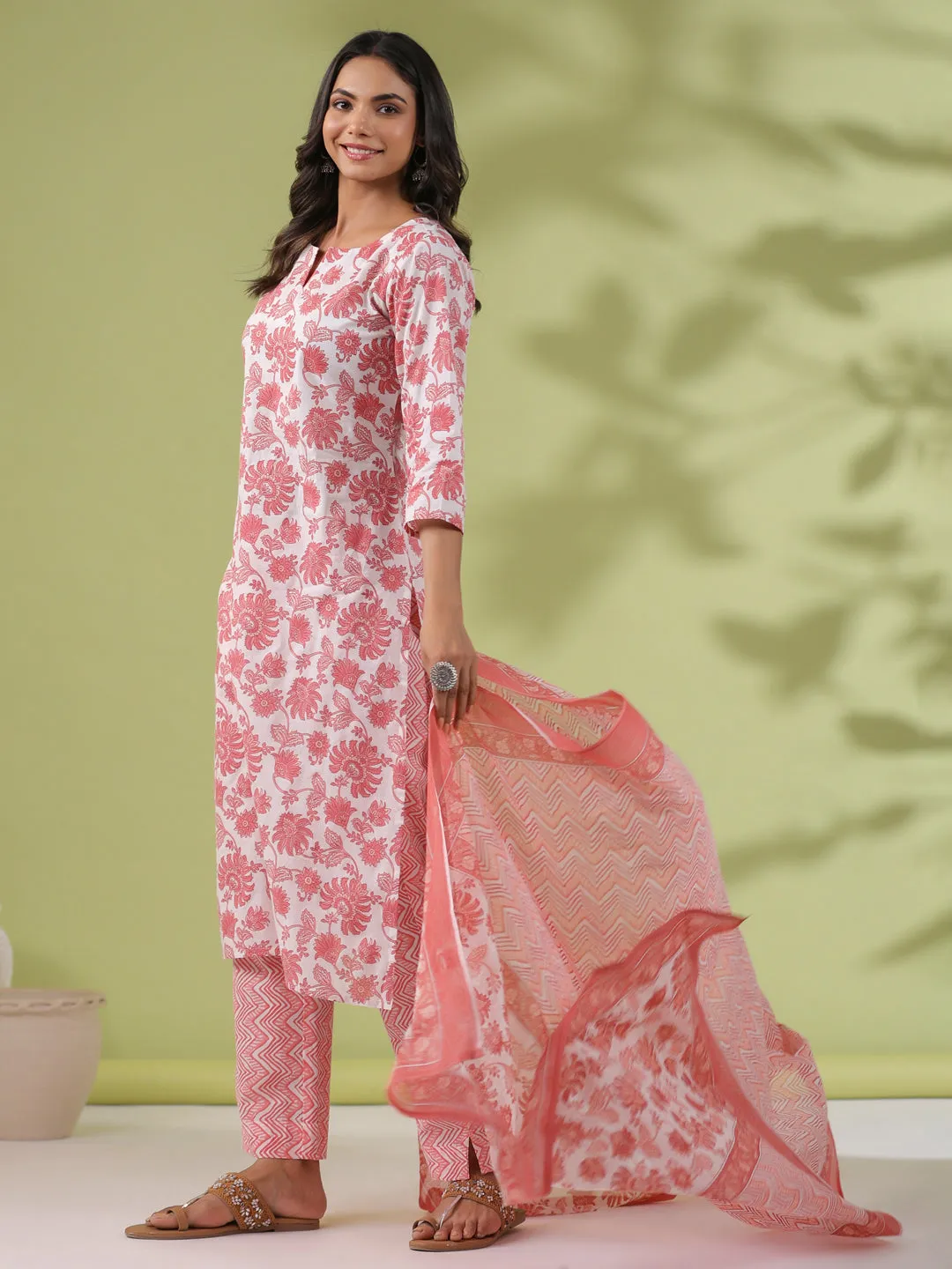 White Cotton Floral Straight Kurta Set