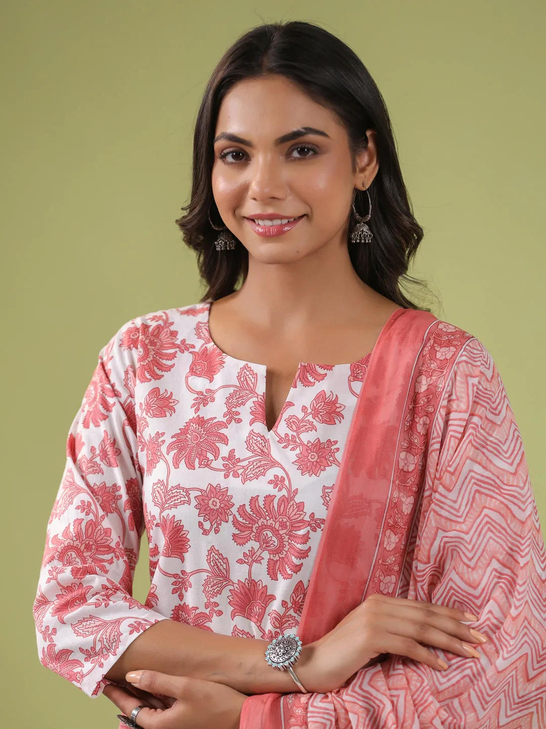White Cotton Floral Straight Kurta Set