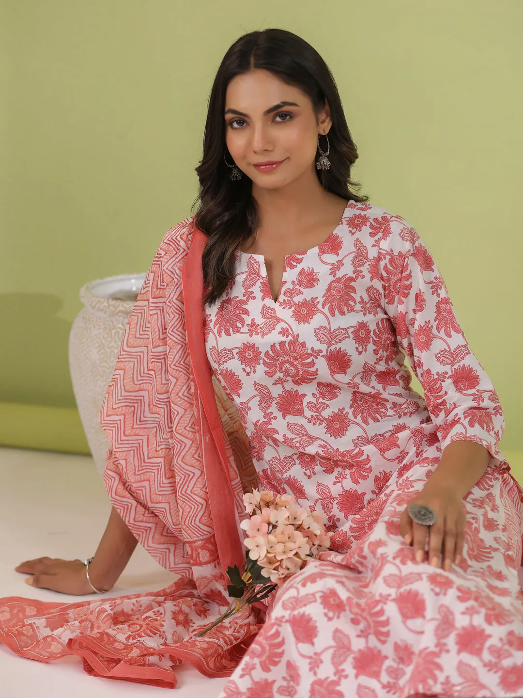 White Cotton Floral Straight Kurta Set