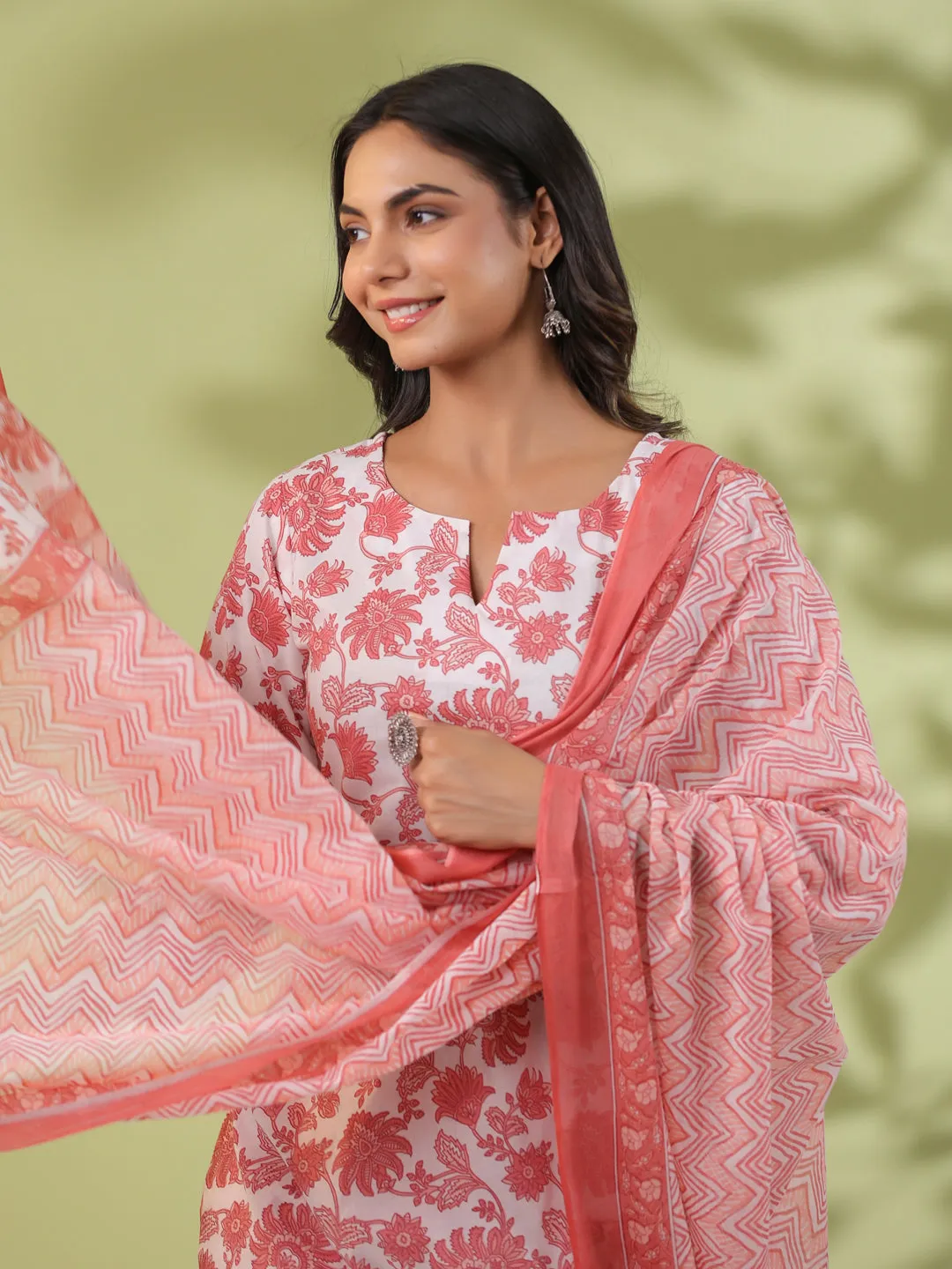 White Cotton Floral Straight Kurta Set