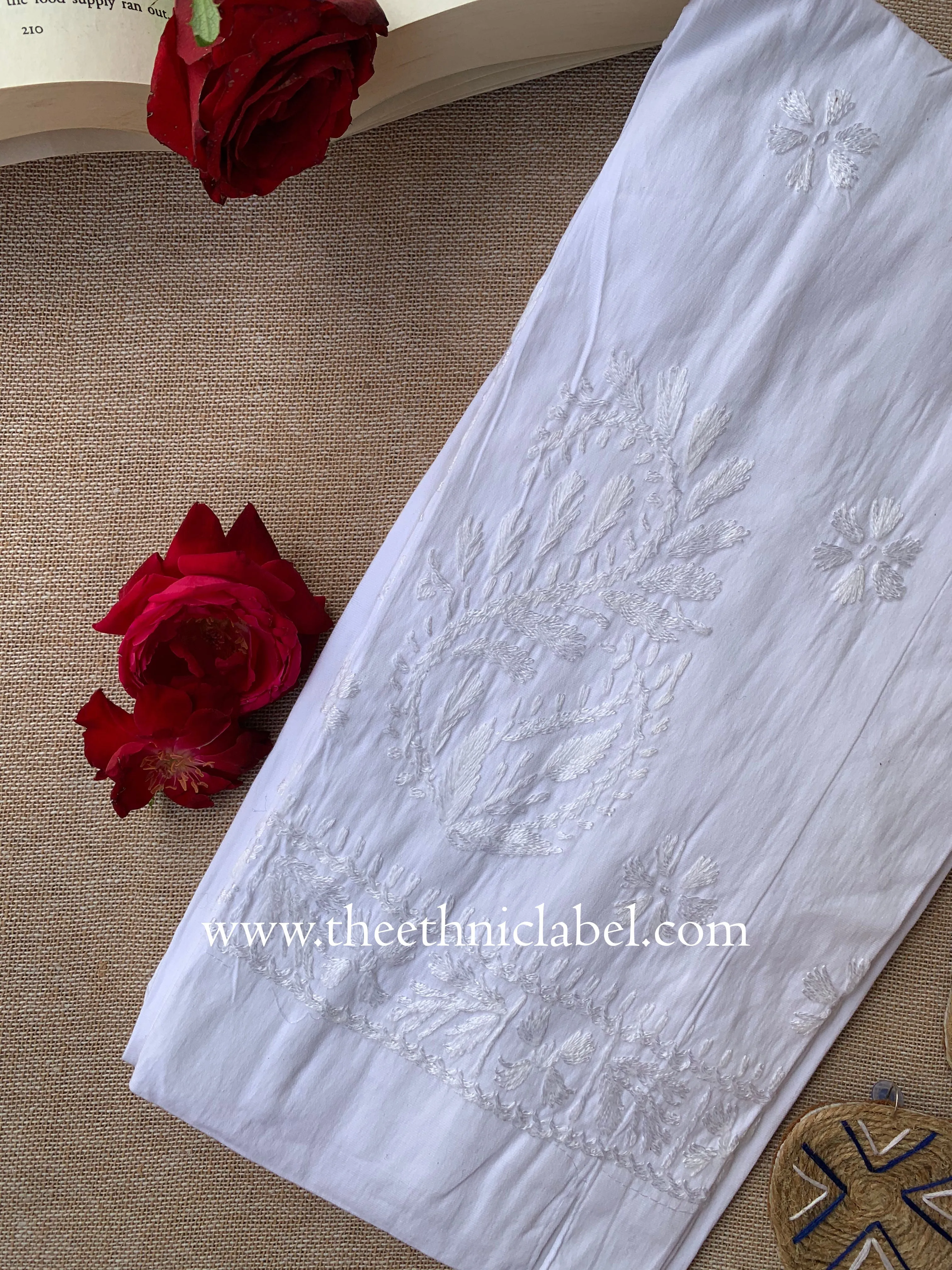 White Cotton Hand Embroidered Stretchable Pants Free Size