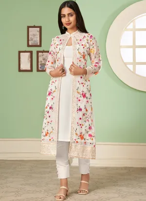 White Multi Floral Embroidery Jacket Style Pant Suit