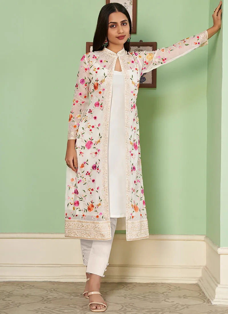 White Multi Floral Embroidery Jacket Style Pant Suit