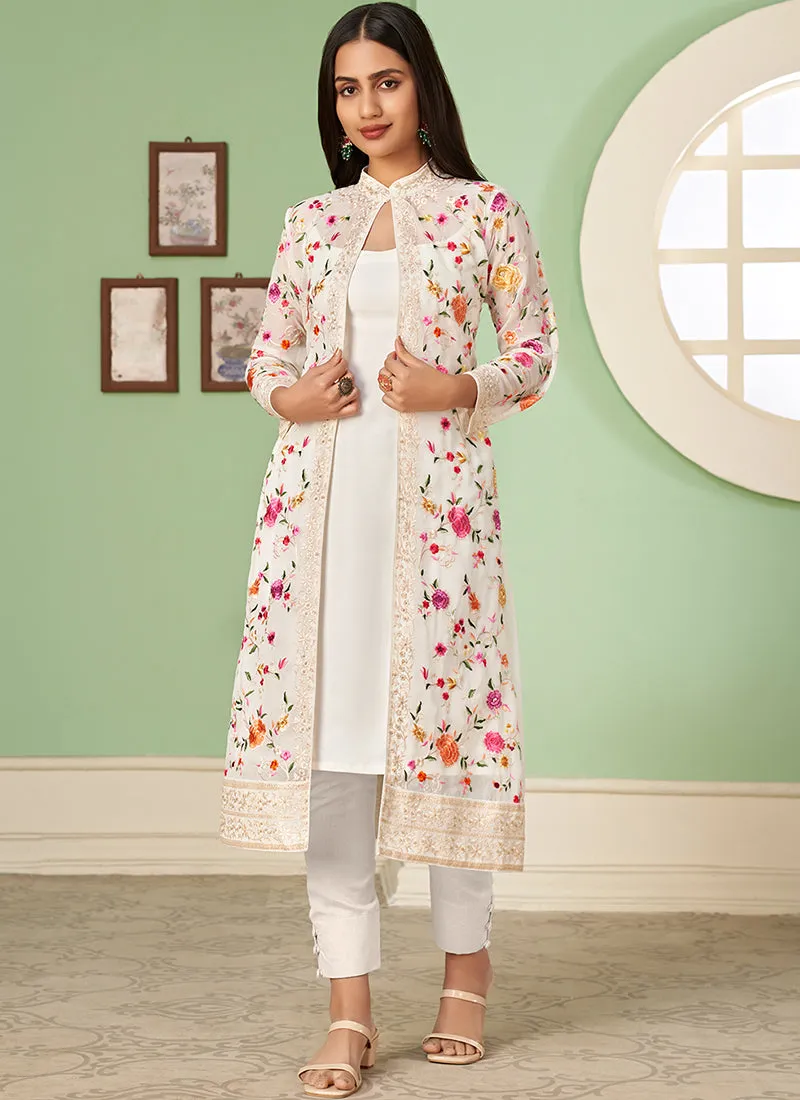 White Multi Floral Embroidery Jacket Style Pant Suit