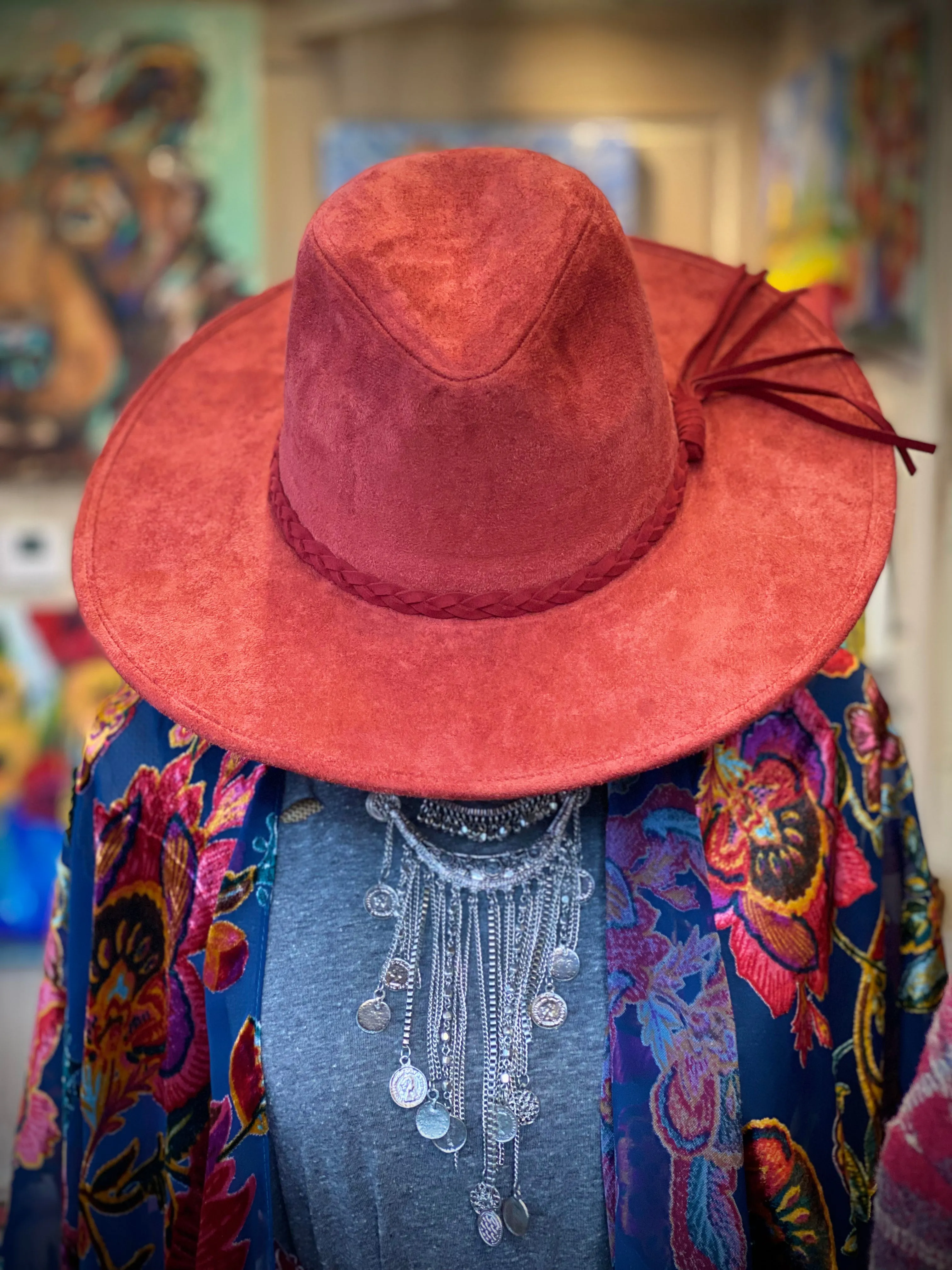 Wide Rim Red suede Boho hat