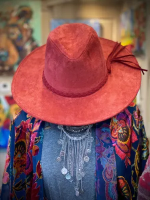 Wide Rim Red suede Boho hat