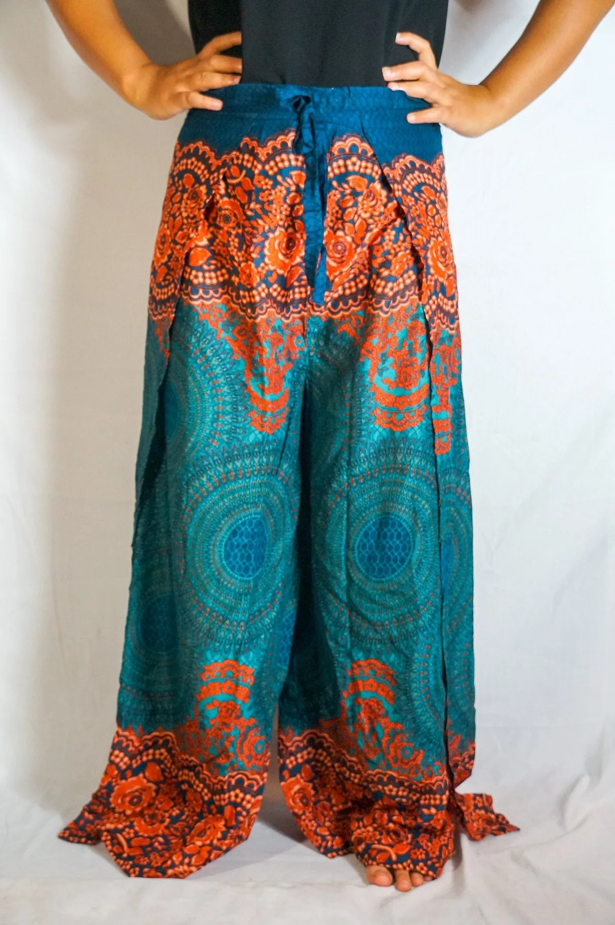 Women's Bohemian Mandala Floral Palazzo Wrap Pants- Teal/Orange