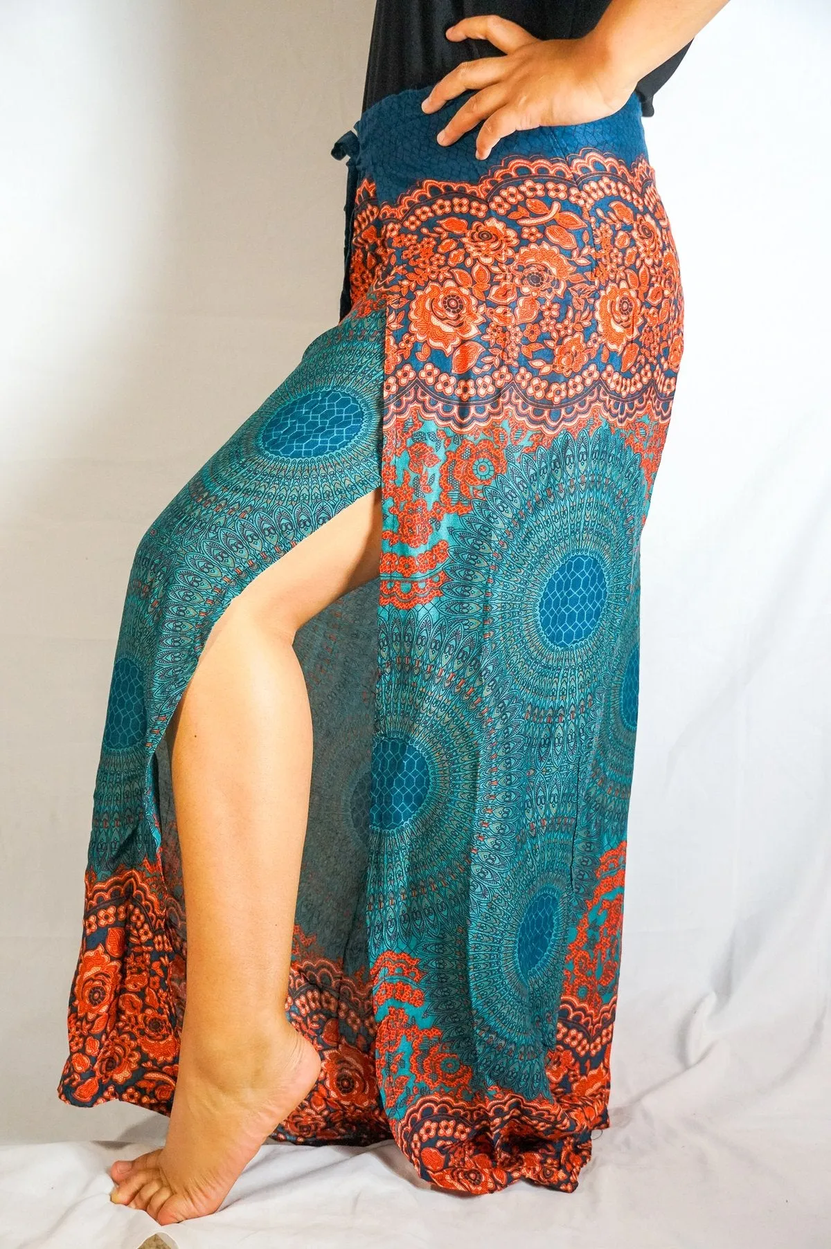 Women's Bohemian Mandala Floral Palazzo Wrap Pants- Teal/Orange