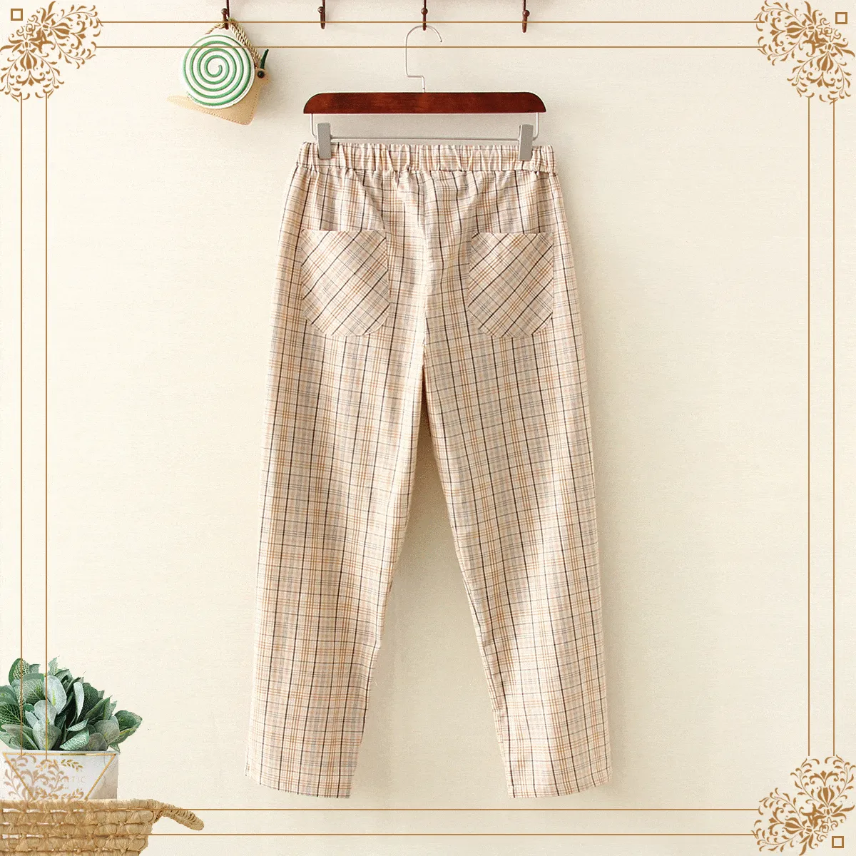 Women's Casual Contrast Color Plaid Elastic Straight Pants With Two Pockets