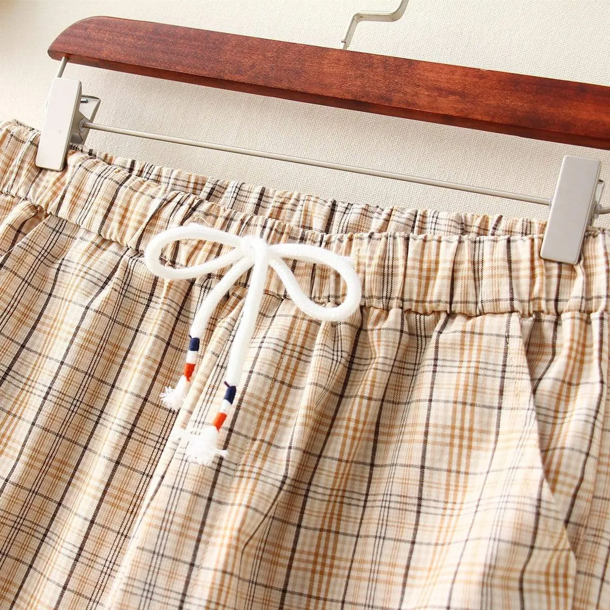 Women's Casual Contrast Color Plaid Elastic Straight Pants With Two Pockets