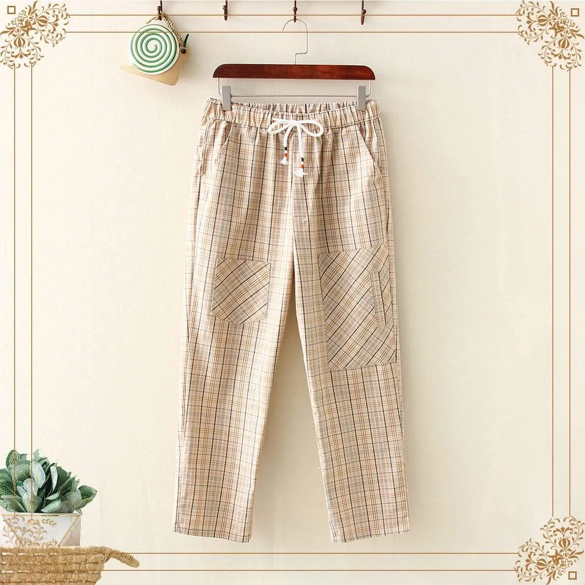 Women's Casual Contrast Color Plaid Elastic Straight Pants With Two Pockets