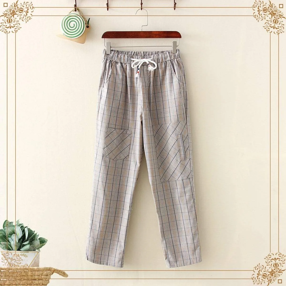 Women's Casual Contrast Color Plaid Elastic Straight Pants With Two Pockets