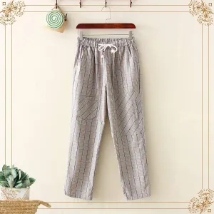 Women's Casual Contrast Color Plaid Elastic Straight Pants With Two Pockets