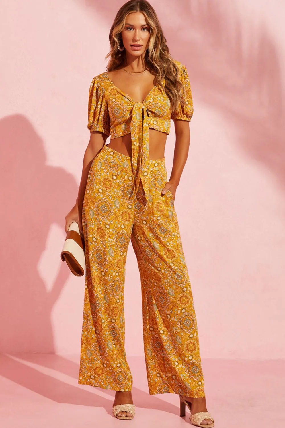 Yellow Bohemian Print Pocketed Wide Leg Pants