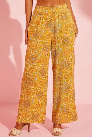 Yellow Bohemian Print Pocketed Wide Leg Pants