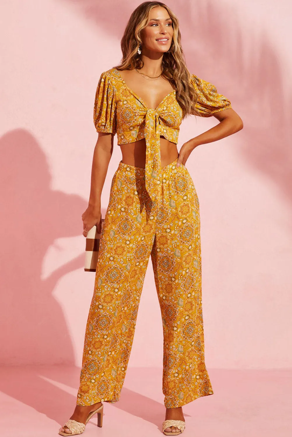 Yellow Bohemian Print Pocketed Wide Leg Pants