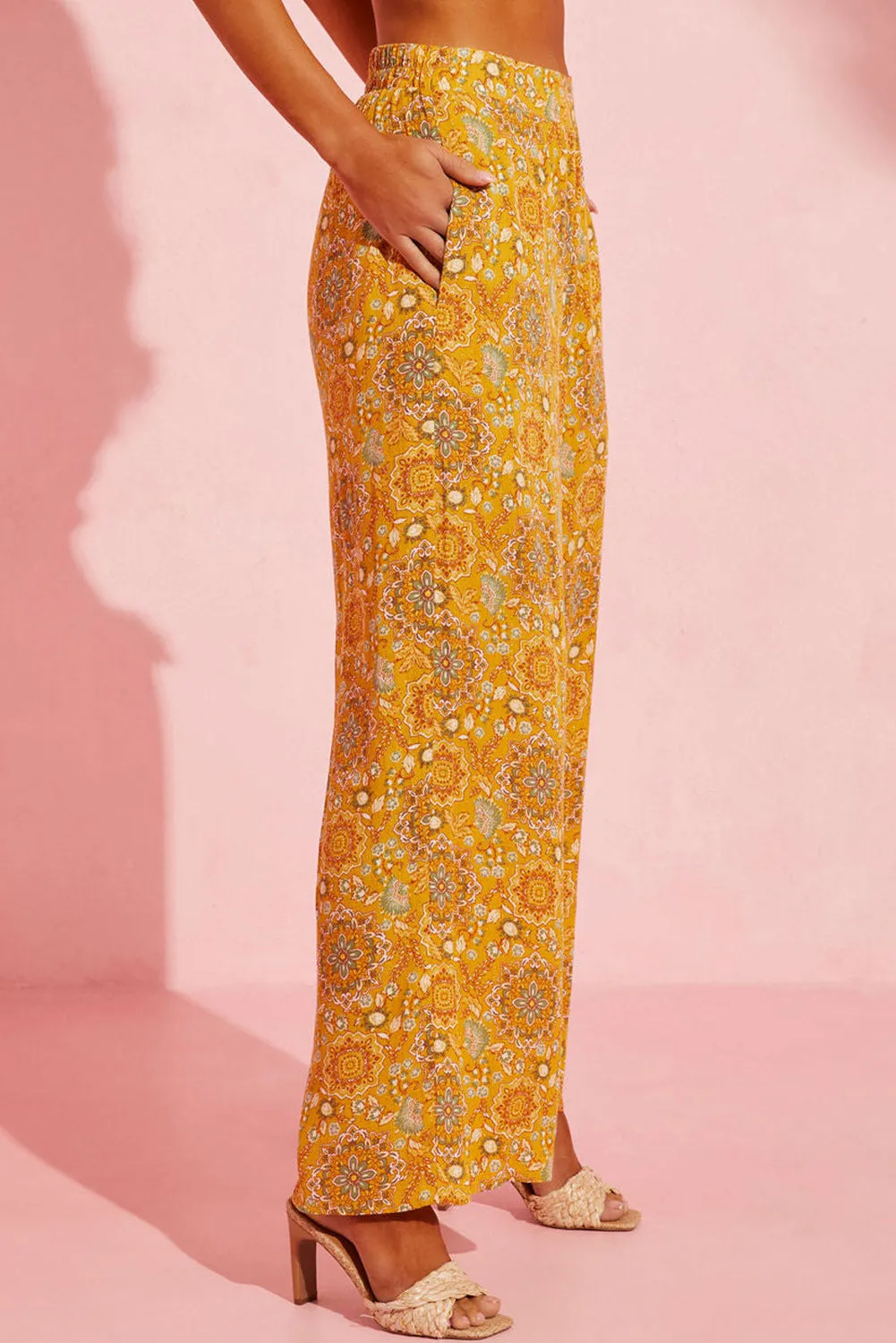 Yellow Bohemian Print Pocketed Wide Leg Pants