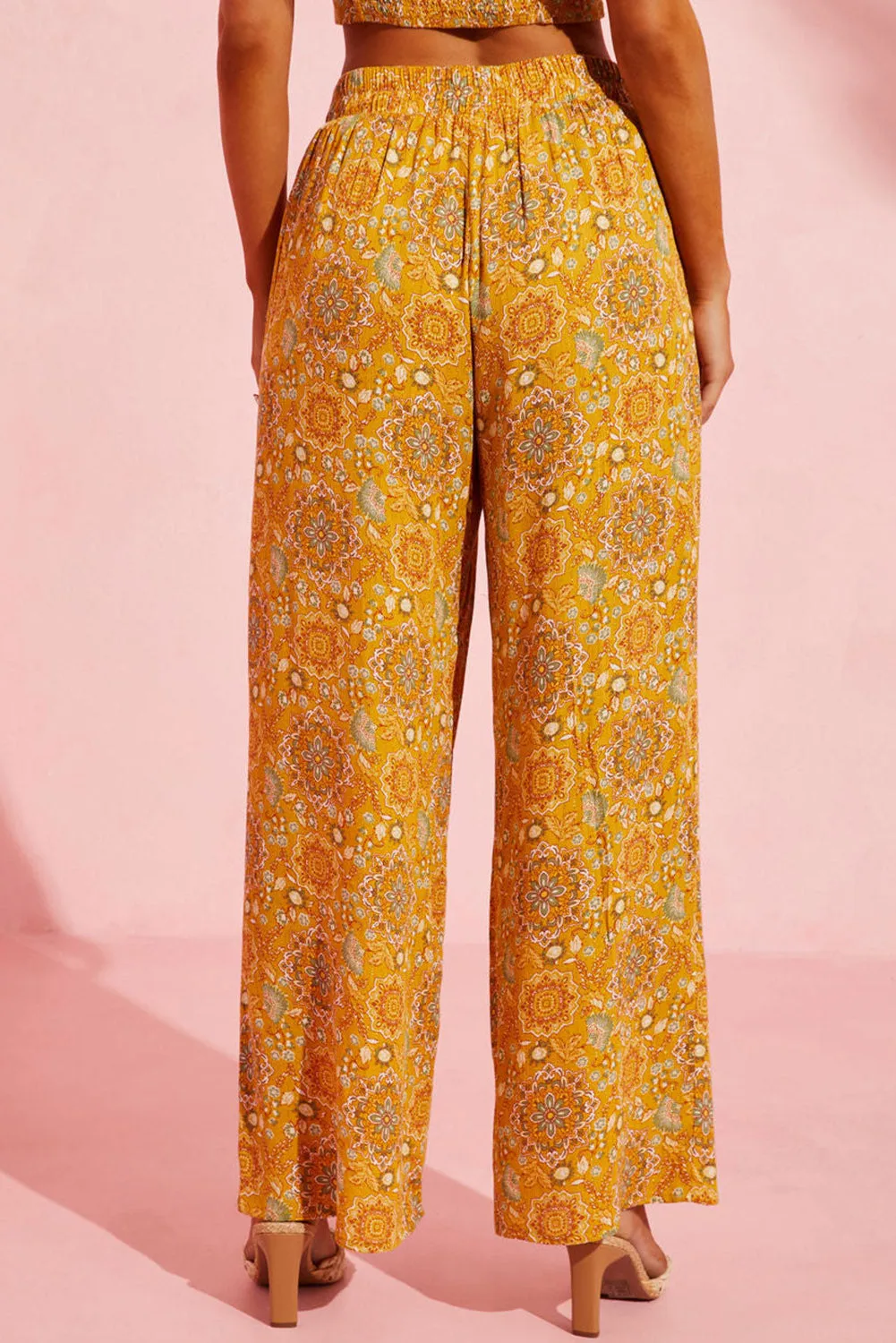 Yellow Bohemian Print Pocketed Wide Leg Pants