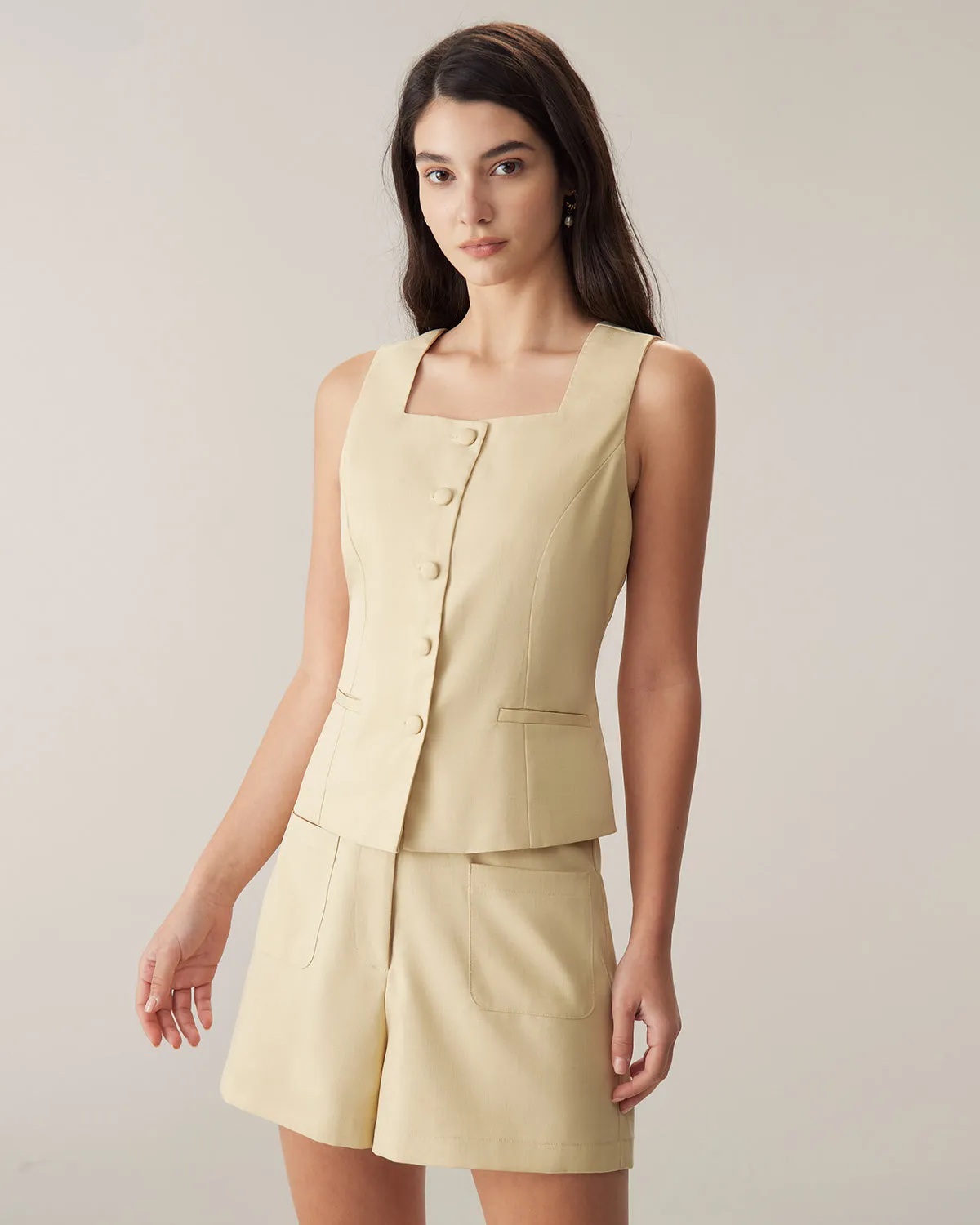 Yellow Square Neck Single Breasted Vest